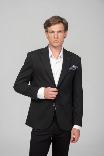 CEKMON Erkek Astarlı Çift Yırtmaçlı Örme Esnek Kumaşdan Yakası Ve Mendili Detaylı Klasik Ceket - 2