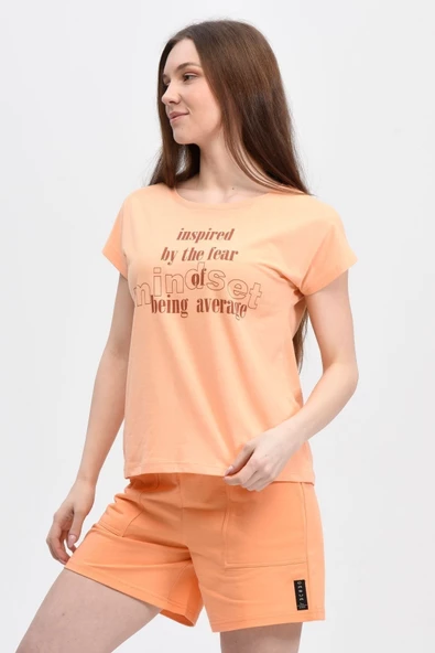 Kadın Baskılı Kısa Kollu Arka Dikişli Bisiklet Yaka Tişört Somon  2XL SOMON - Resim 4