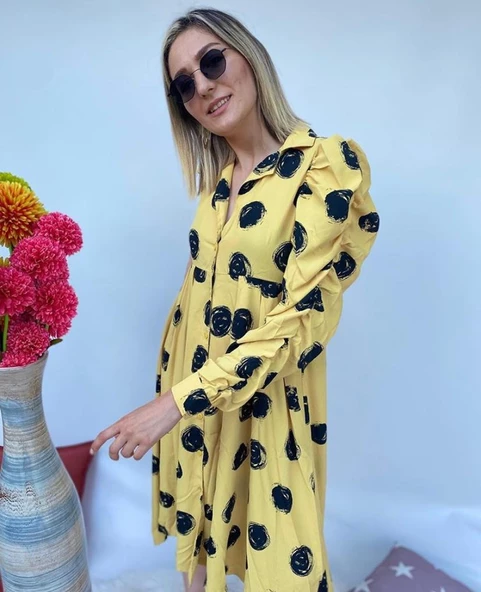 Kolları Büzgülü Belden Pileli Uzun Siyah Puantiyeli Sarı Elbise - Resim 2