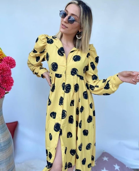 Kolları Büzgülü Belden Pileli Uzun Siyah Puantiyeli Sarı Elbise - Resim 4