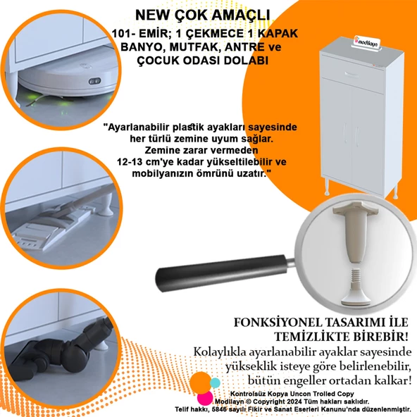 Modilayn EMİR 40 x 88 x 32,5 cm Kapaklı ve Çekmeceli Çok Amaçlı Banyo&Mutfak Dolabı - 5