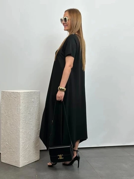 Kadın Kısa Kollu Yaka Ribana Detay Asimetrik Kesim Salaş Viskon Elbise - Resim 3