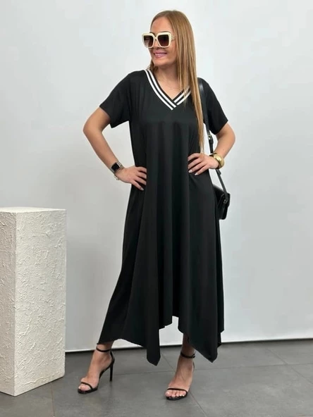 Kadın Kısa Kollu Yaka Ribana Detay Asimetrik Kesim Salaş Viskon Elbise - Resim 4