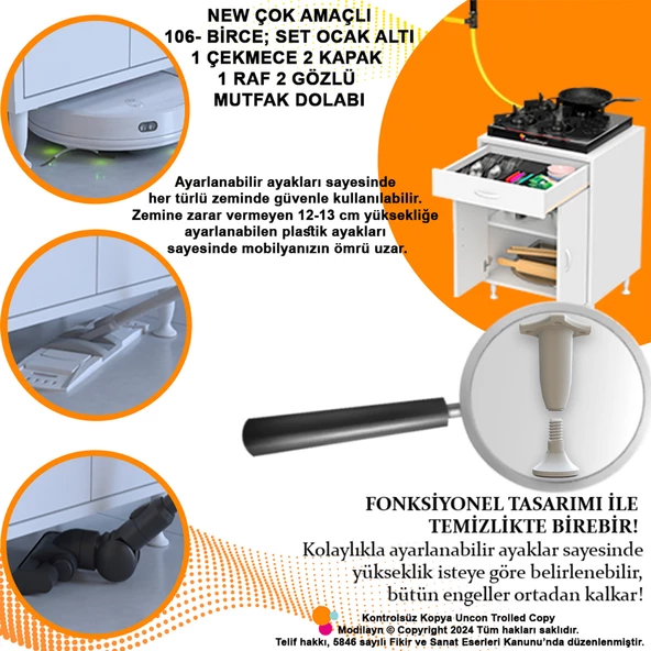 Modilayn BİRCE M-60 x 87 x 48 cm Set Üstü Ocak ve Çekmeceli Raflı Mutfak Dolabı - 6