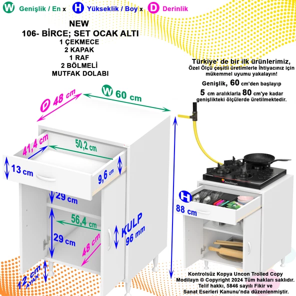 Modilayn BİRCE M-60 x 87 x 48 cm Set Üstü Ocak ve Çekmeceli Raflı Mutfak Dolabı - 5