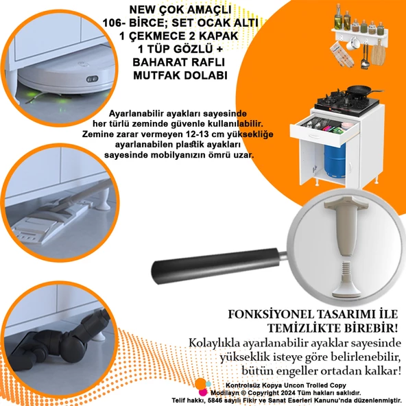 Modilayn BİRCE M-60 x 87 x 48 cm Tüp Bölmeli Set Ocak Altı Dolap ve Baharat Rafı - 6