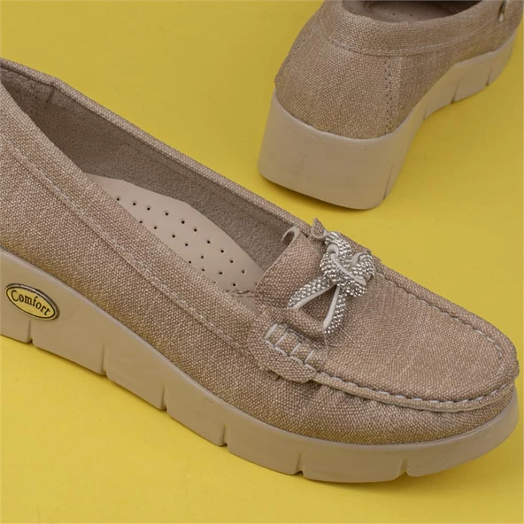 Trend Adımlar Krem Denim Comfort Fiyonklu Dolgu Topuk Kadın Ayakkabı - 6