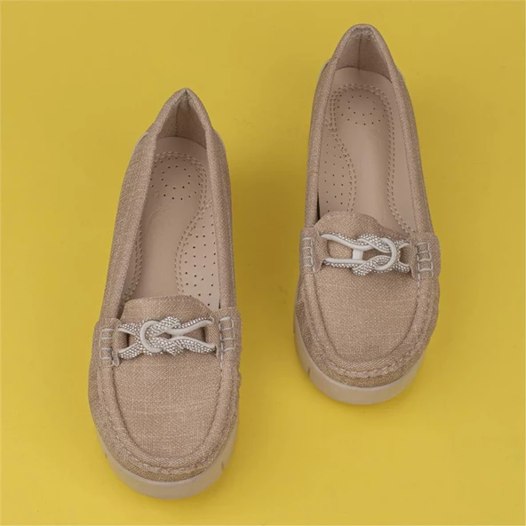 Trend Adımlar Krem Denim Comfort Fiyonklu Dolgu Topuk Kadın Ayakkabı - 5