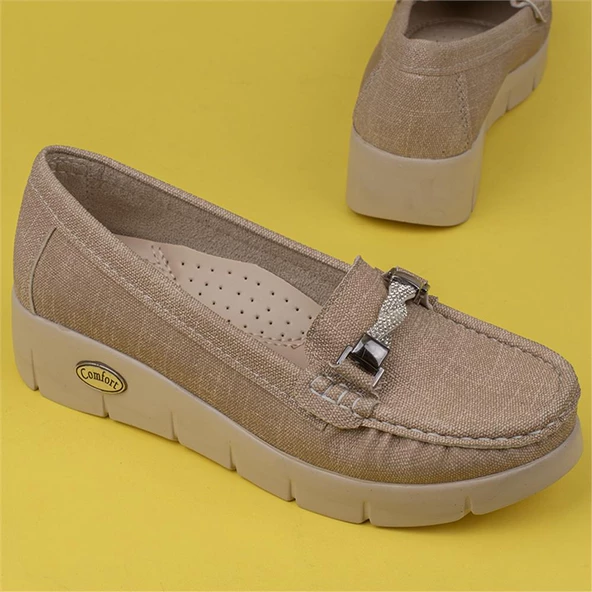 Trend Adımlar Krem Denim Comfort Dolgu Topuk Kadın Ayakkabı - 6