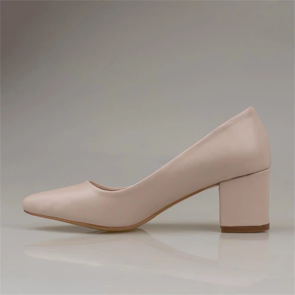 M2S Krem Kare Topuk Kadın Sade Klasik Ayakkabı - Resim 3