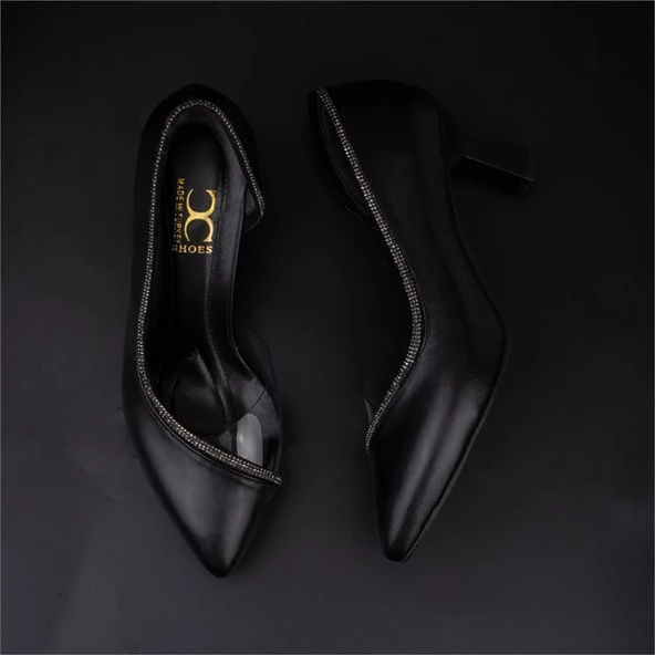 Trend Adımlar Siyah Taş İşlemeli Şeffaf Yanlı Kadın Klasik Ayakkabı - Resim 6