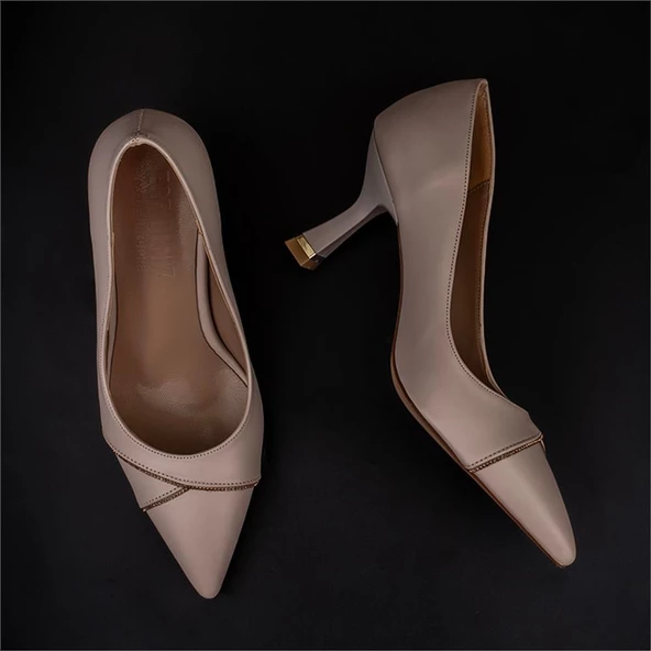 Trend Adımlar Krem Çapraz Taş İşlemeli Kadın Klasik Ayakkabı - Resim 5