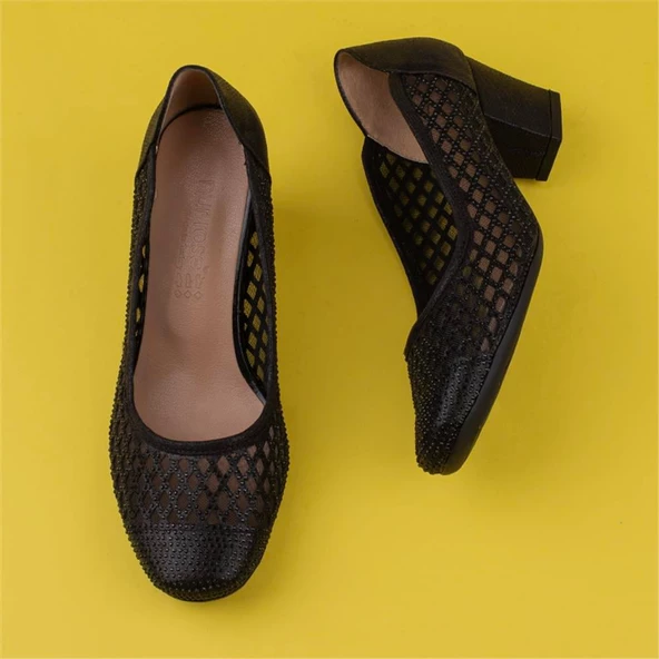 Trend Adımlar Siyah Saten Taşlı Kadın Özel Üretim Klasik Ayakkabı - 5