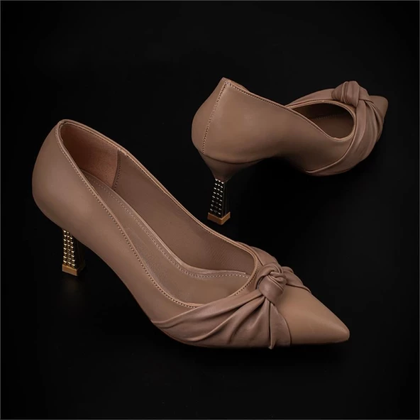 Trend Adımlar Kahverengi Chic Fol Kadın Büzgülü Sivri Burun Klasik Ayakkabı - Resim 6