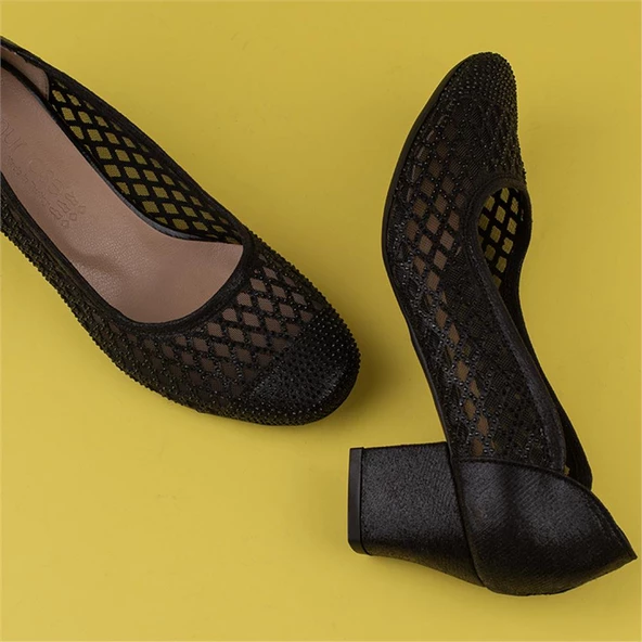 Trend Adımlar Siyah Saten Taşlı Kadın Özel Üretim Klasik Ayakkabı - 6