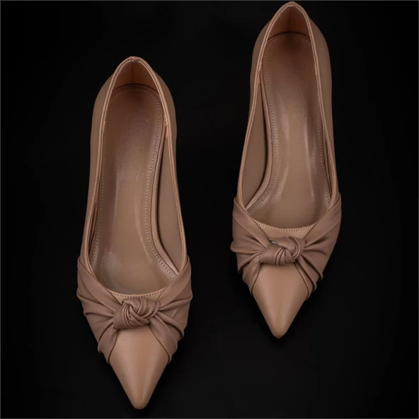 Trend Adımlar Kahverengi Chic Fol Kadın Büzgülü Sivri Burun Klasik Ayakkabı - Resim 5