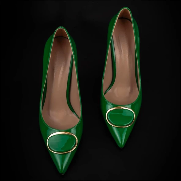 Trend Adımlar Yeşil Glamourize Rugan Aksesuarlı Stiletto - 5