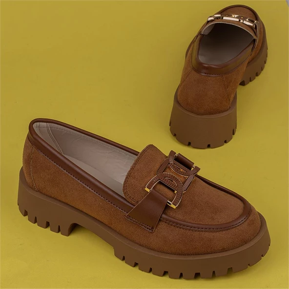 Trend Adımlar Taba Chic Belle Tokalı Kadın Süet Oxford Ayakkabı - 6