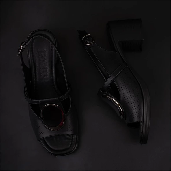 Trend Adımlar Siyah Oval Glam Kadın Kalın Topuklu Casual Sandalet - Resim 6
