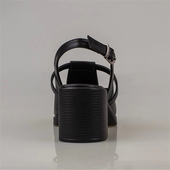 Trend Adımlar Siyah Oval Glam Kadın Kalın Topuklu Casual Sandalet - Resim 4