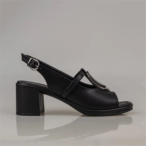 Trend Adımlar Siyah Oval Glam Kadın Kalın Topuklu Casual Sandalet - Resim 2