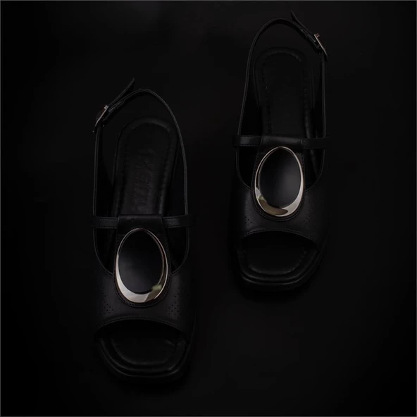 Trend Adımlar Siyah Oval Glam Kadın Kalın Topuklu Casual Sandalet - Resim 5