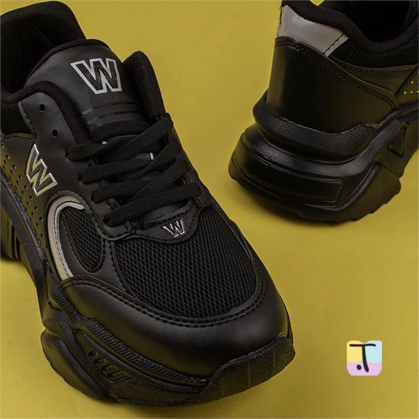 Trend Adımlar Siyah Worting Kadın Kalın Taban Sneaker - 5