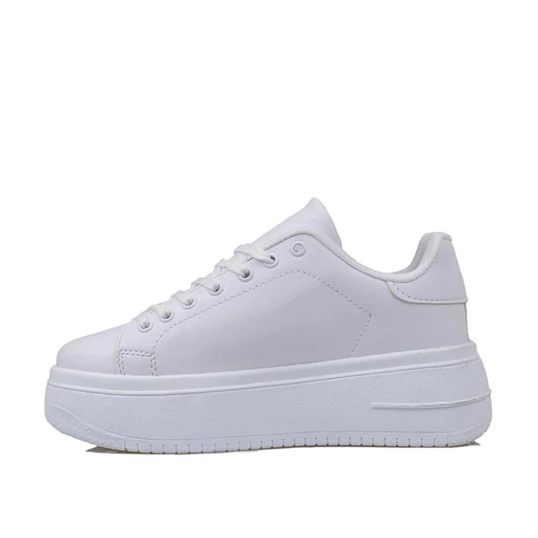 Trend Adımlar Beyaz Düz Kalın Taban Bağcıklı Kadın Sneaker - 3