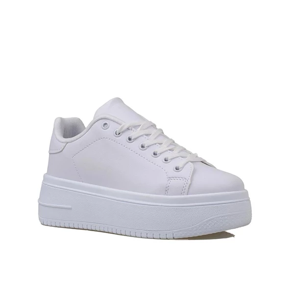 Trend Adımlar Beyaz Düz Kalın Taban Bağcıklı Kadın Sneaker - 2