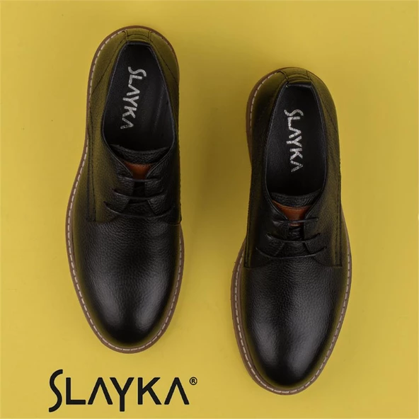 Slayka Siyah Rubber Erkek Hakiki Deri Klasik Ayakkabı - Resim 6