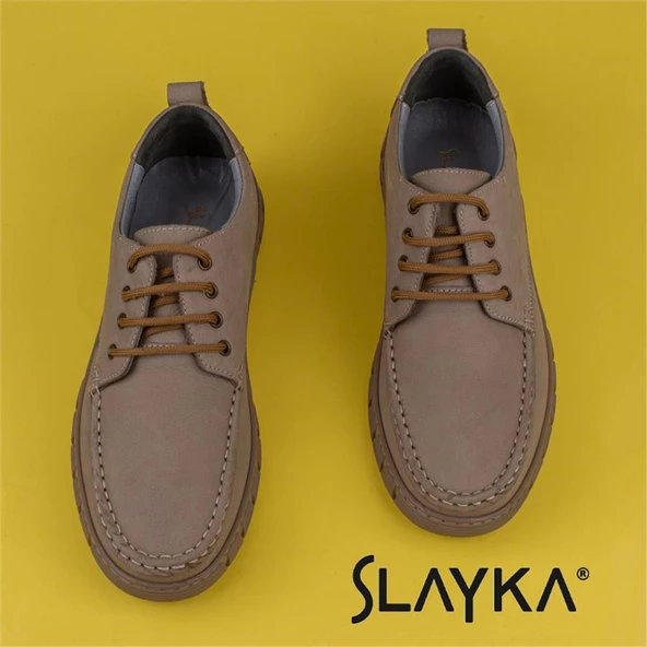 Slayka Bej Dignity Hakiki Nubuk Deri Bağcıklı Casual Ayakkabı - 5