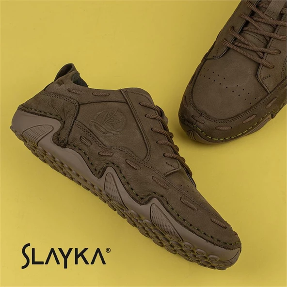 Slayka Haki Rollo Hakiki Nubuk Deri Bağcıklı Gündelik Ayakkabı - 7