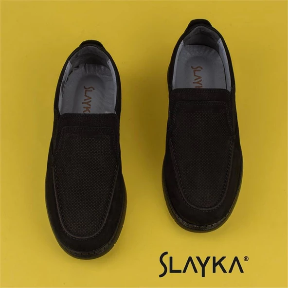 Slayka Siyah Hafif Hakiki Nubuk Deri Bağcıksız Casual Ayakkabı - Resim 5