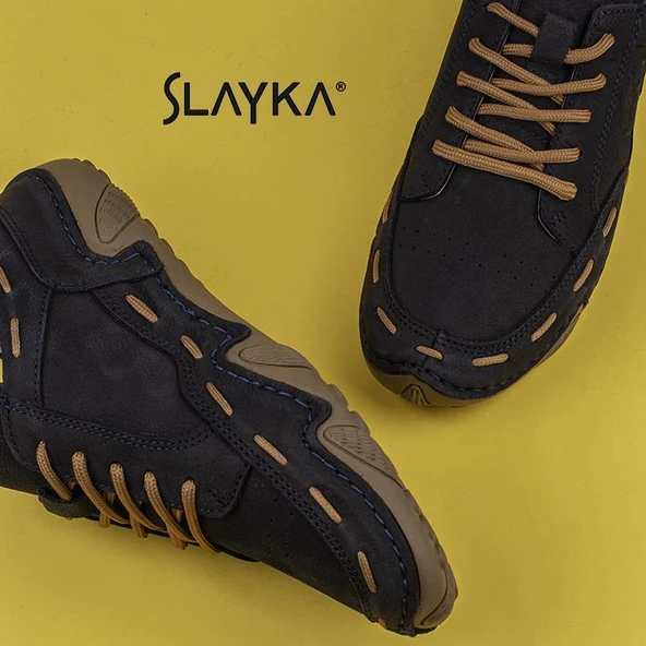 Slayka Lacivert Rollo Hakiki Nubuk Deri Bağcıklı Gündelik Ayakkabı - Resim 6