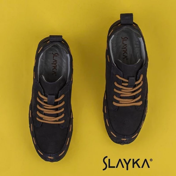 Slayka Lacivert Rollo Hakiki Nubuk Deri Bağcıklı Gündelik Ayakkabı - Resim 4