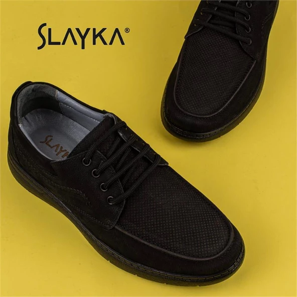 Slayka Siyah Hafif Hakiki Nubuk Deri Bağcıklı Casual Ayakkabı - Resim 6