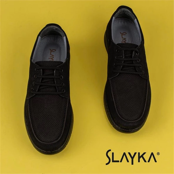 Slayka Siyah Hafif Hakiki Nubuk Deri Bağcıklı Casual Ayakkabı - Resim 5