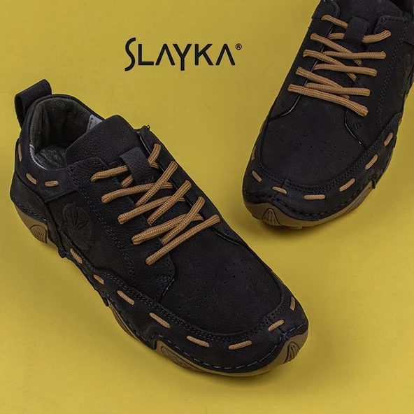 Slayka Lacivert Rollo Hakiki Nubuk Deri Bağcıklı Gündelik Ayakkabı - Resim 5