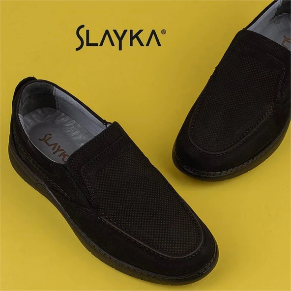 Slayka Siyah Hafif Hakiki Nubuk Deri Bağcıksız Casual Ayakkabı - Resim 6
