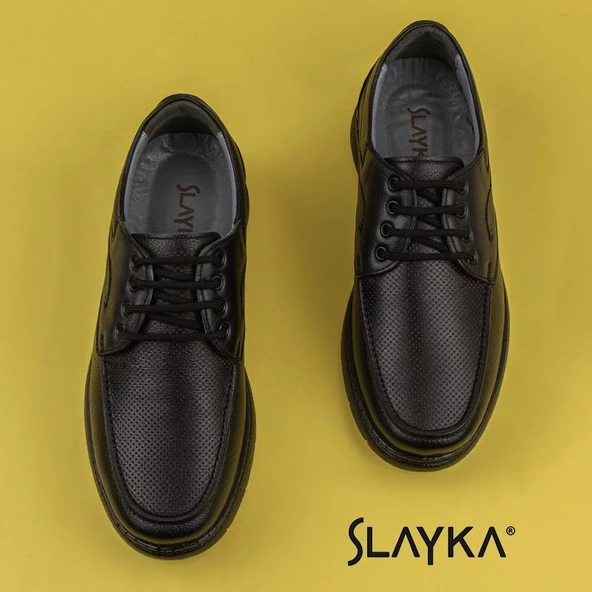 Slayka Siyah Hafif Hakiki Deri Bağcıklı Casual Ayakkabı - Resim 4