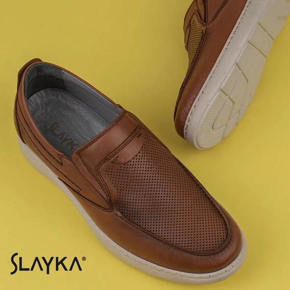 Slayka Taba Hafif Hakiki Deri Bağcıksız Casual Ayakkabı - Resim 5