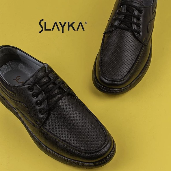 Slayka Siyah Hafif Hakiki Deri Bağcıklı Casual Ayakkabı - Resim 5