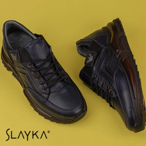 Slayka Lacivert Posh Lastikli Erkek Hakiki Deri Casual Ayakkabı - Resim 4