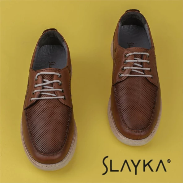 Slayka Taba Hafif Hakiki Deri Bağcıklı Casual Ayakkabı - 4