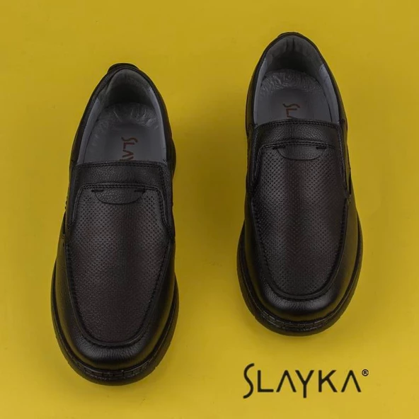 Slayka Siyah Hafif Hakiki Deri Bağcıksız Casual Ayakkabı - 4