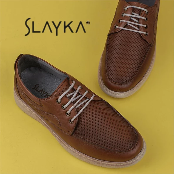 Slayka Taba Hafif Hakiki Deri Bağcıklı Casual Ayakkabı - 5