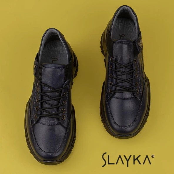 Slayka Lacivert Posh Lastikli Erkek Hakiki Deri Casual Ayakkabı - Resim 5