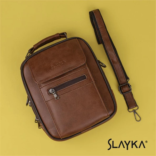 Slayka Taba Büyük Boy Hakiki Deri Erkek El ve Omuz Çantası - 5