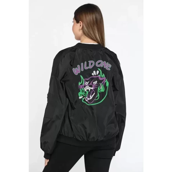 Lucky Life Kadın Unisex Uzun Kol Baskılı Bomber Ceket - Siyah - 2