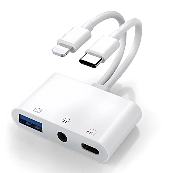 Polham Type-c-Lightning Çift Girişli Universal Type C, USB ve 3.5mm Çevirici Adaptör, Şarj, Kulaklık, Kamera Çevirici